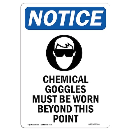 OSHA Notice Sign, Chemical Goggles Must With Symbol, 14in X 10in Rigid Plastic